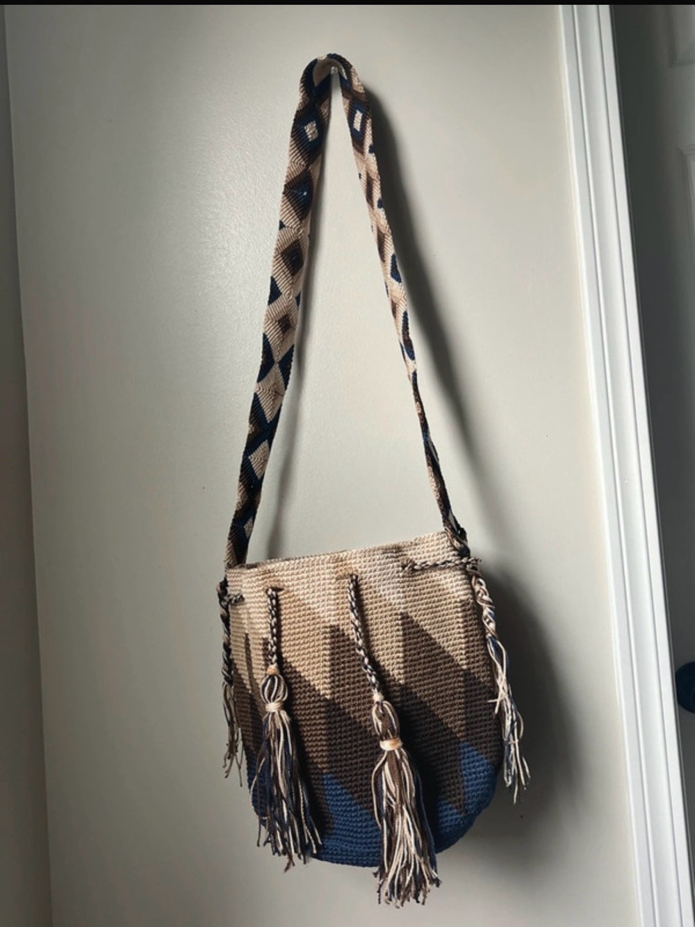 Boho Tassel Crossbody Bag in Beige and Navy